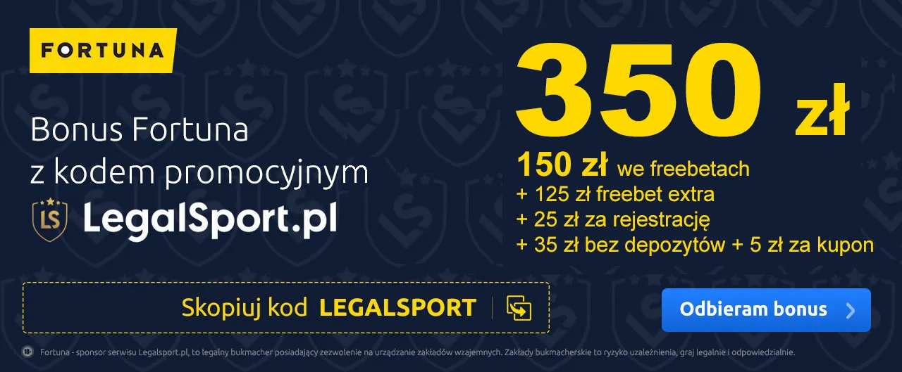 Baner z bonusami bez ryzyka i bez depozytu od Fortuny, które można aktywować kodem promocyjnym
