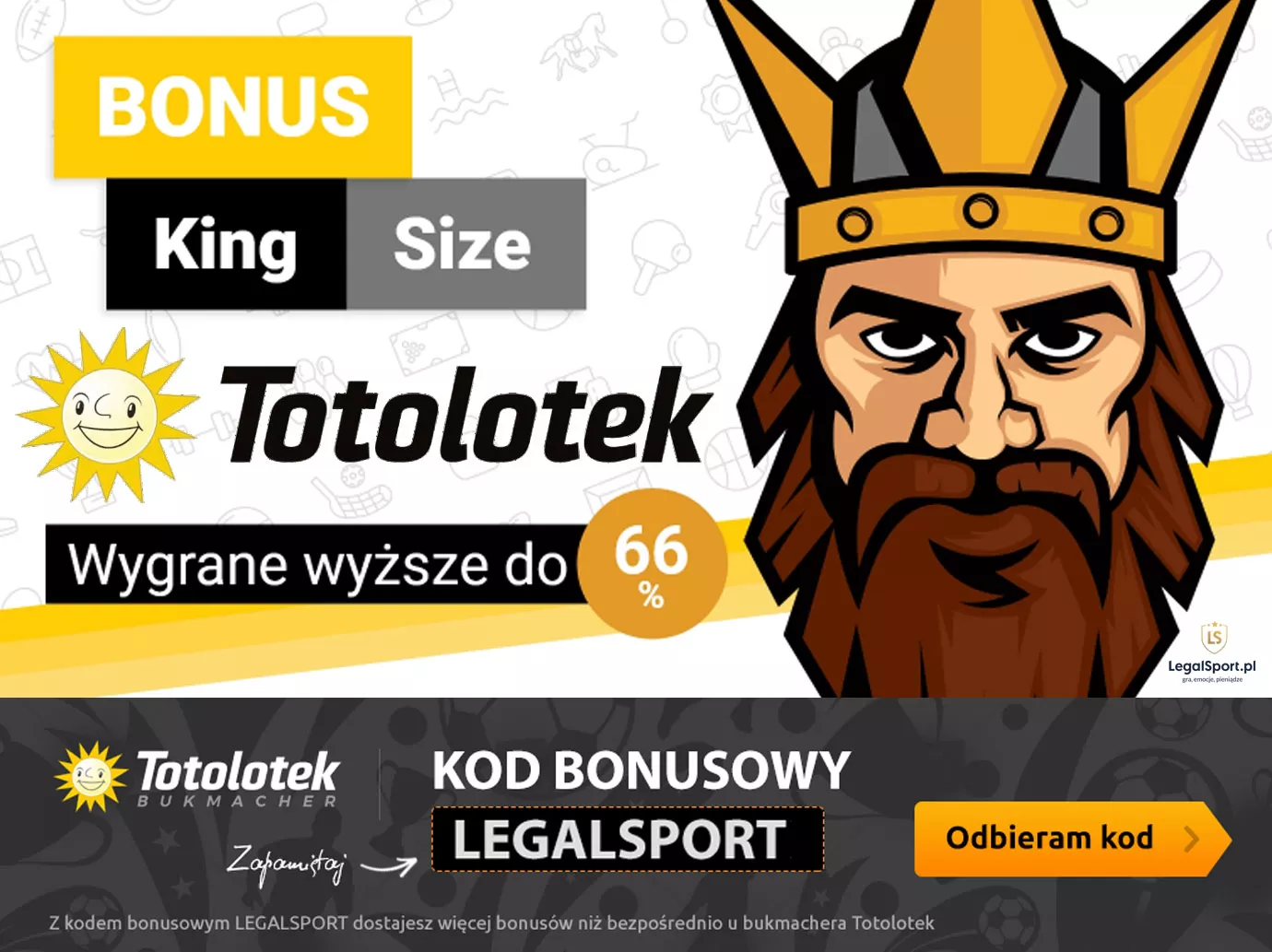 Bonus King Size w Totolotku - grafika promocji z kodem LEGALSPORT