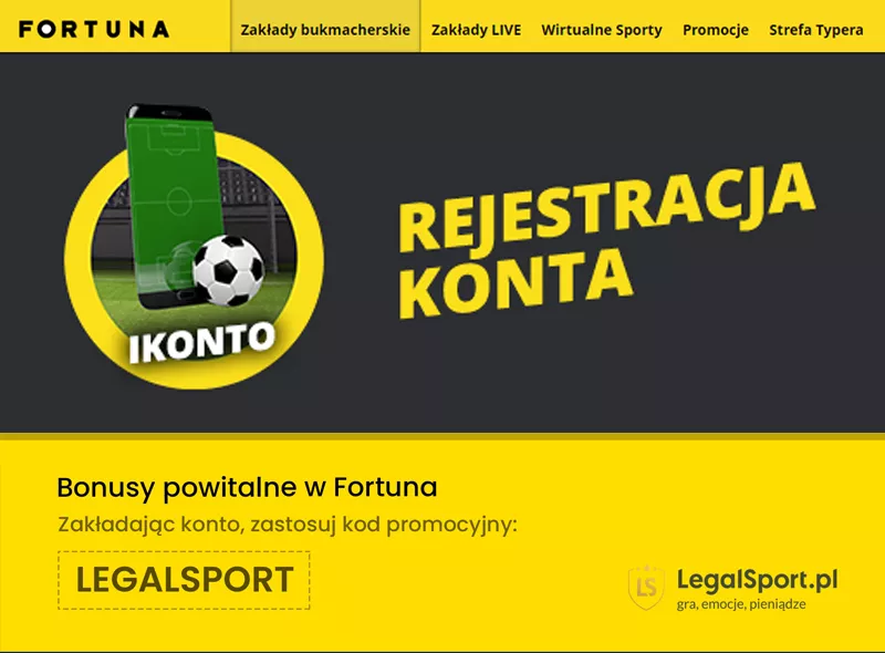 Screen pokazujący rejestrację konta w Fortuna Zakłady Bukmacherskie