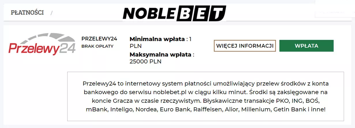 Przelewy24 - zasilenie konta w Noblebet online