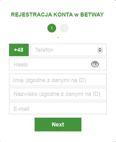Formularz do danych rejestracyjnych w Betway