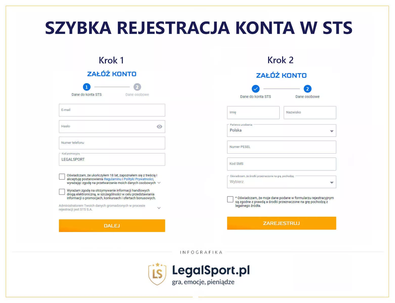 Rejestracja konta STS - gdzie wpisać kod LEGALSPORT