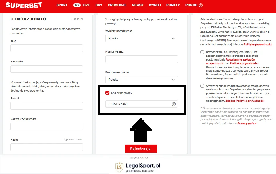 Rejestracja darmowego konta online z kodem promocyjnym LEGALSPORT