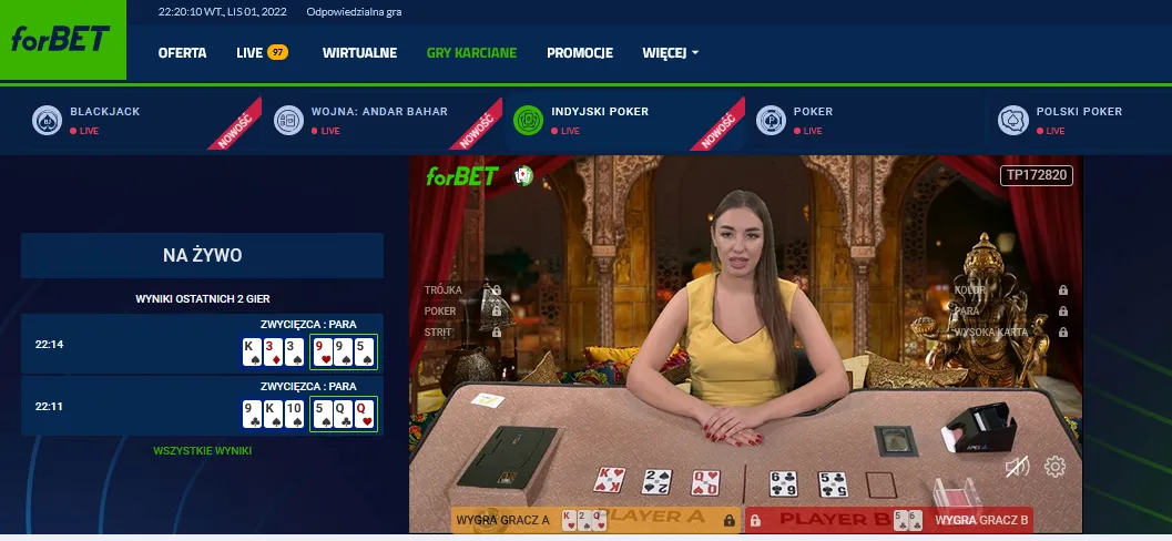 Podgląd rozgrywki na indyjski poker u wiarygodnego bukmachera forBET