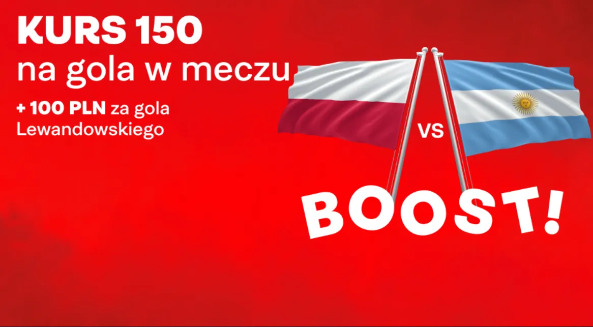 Kurs 150.00 na Polska - Argentyna + 100 zł za bramki Lewego w promocji Superbet