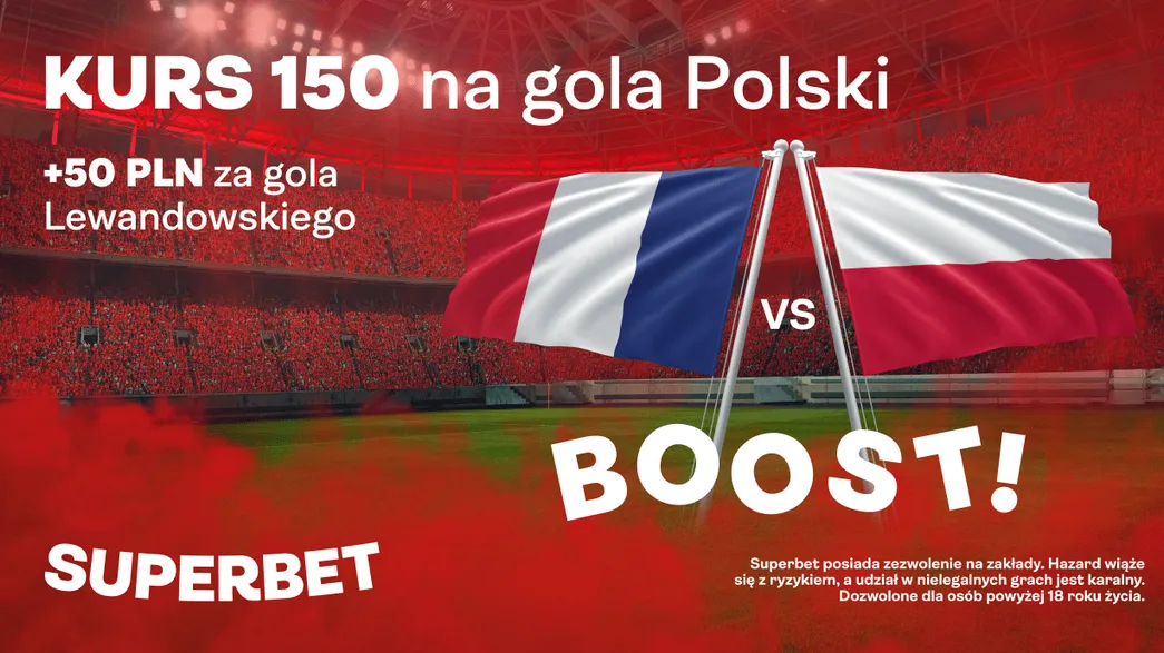 Kurs 150.00 na gola Polski z Francją + 50 zł za gole Lewego w Superbet