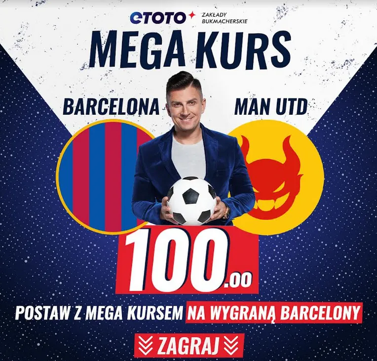 Stawka 100.00 na wygraną FC Barcelony z Manchesterem United w promocji Etoto (16.02)