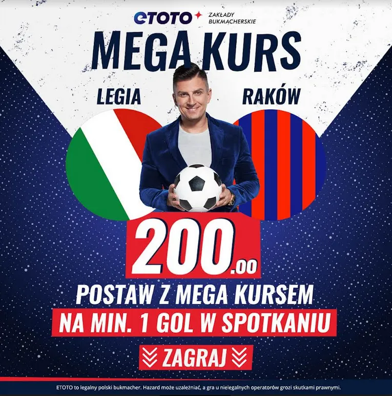 Legia Warszawa - Raków Częstochowa boost 200.00 w promocji Etoto (01.04)
