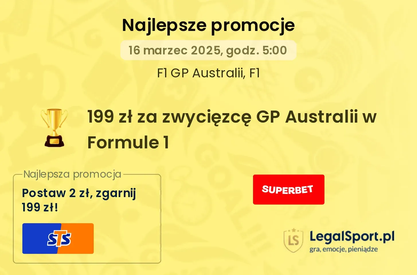 Bonus 199 zł za wytypowanie zwycięzcy GP Australii od STS, 250 zł za TOP 6 Hamiltona w Superbet