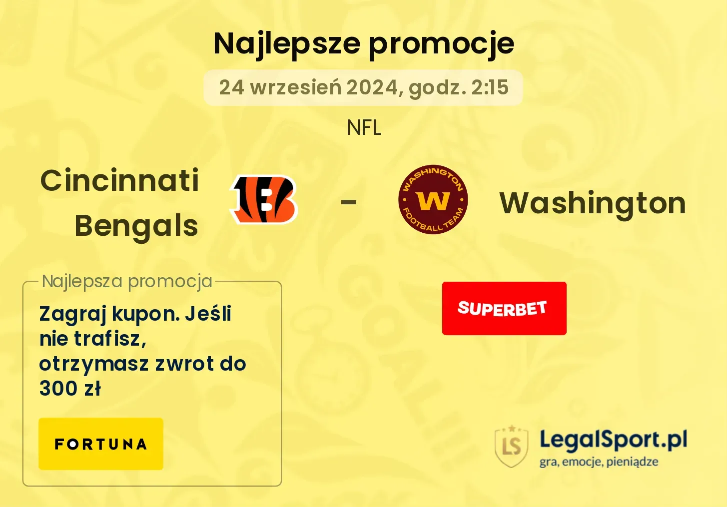 Cincinnati Bengals - Washington promocje bukmacherskie 24.09, 02:15