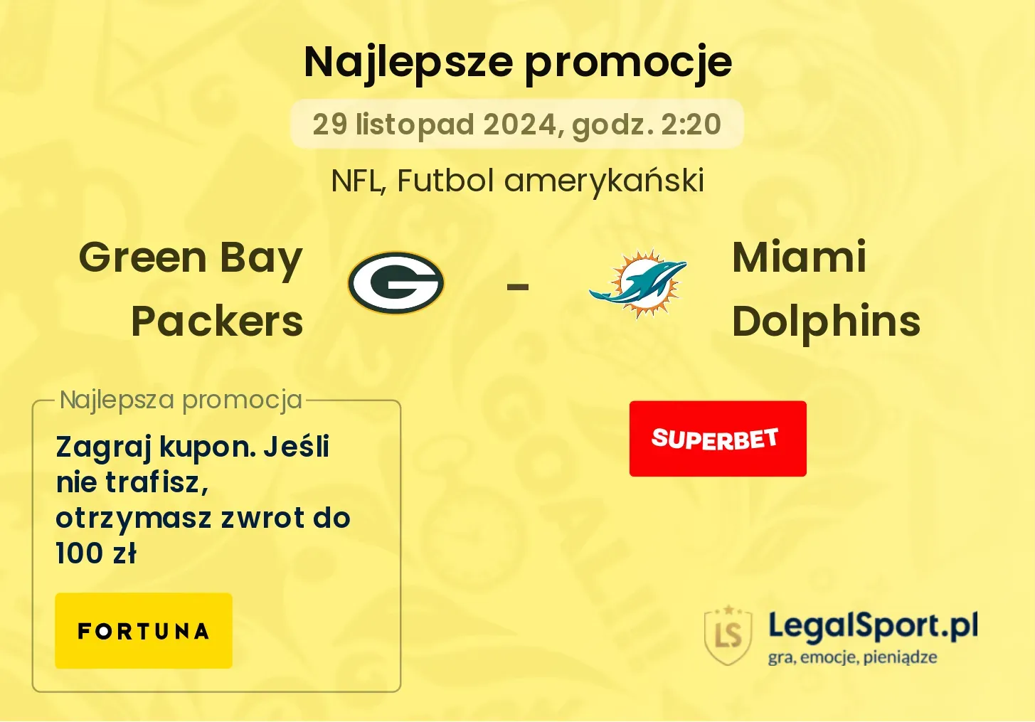 Green Bay Packers - Miami Dolphins promocje bonusy na mecz