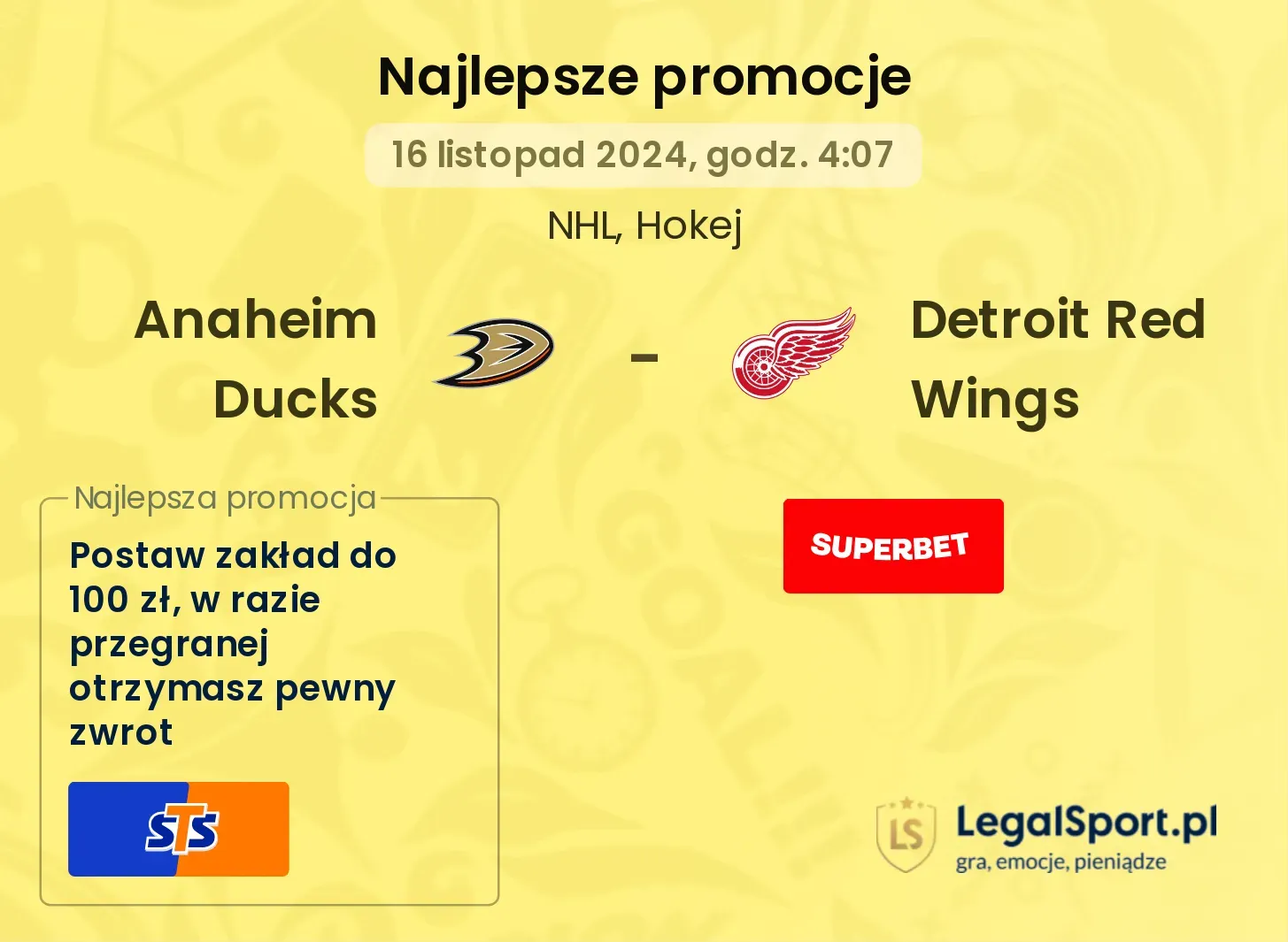 Anaheim Ducks - Detroit Red Wings promocje bonusy na mecz