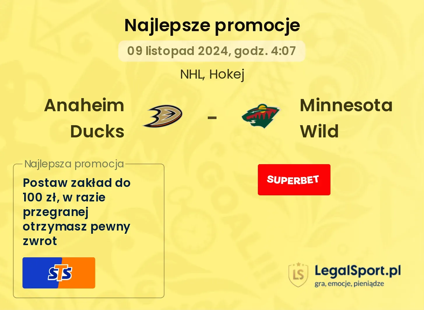 Anaheim Ducks - Minnesota Wild promocje bonusy na mecz