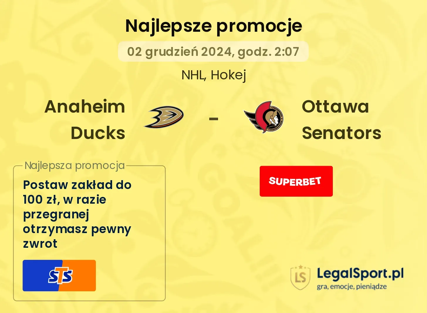 Anaheim Ducks - Ottawa Senators promocje bonusy na mecz