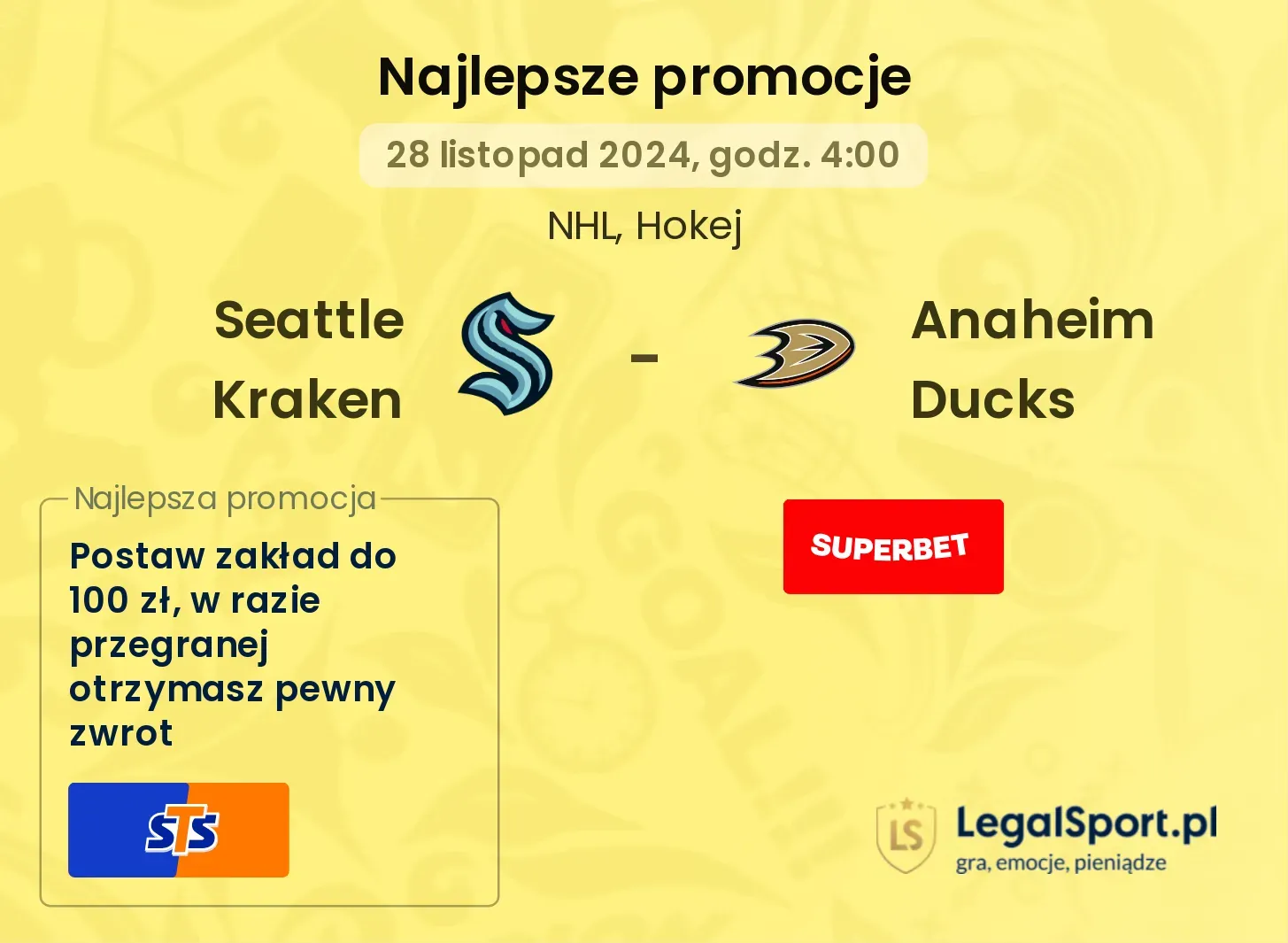 Anaheim Ducks - Seattle Kraken promocje bonusy na mecz