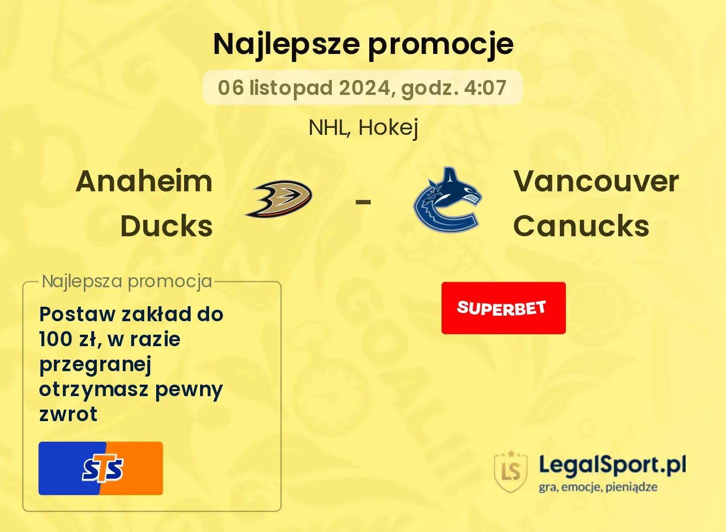 Anaheim Ducks - Vancouver Canucks promocje bonusy na mecz