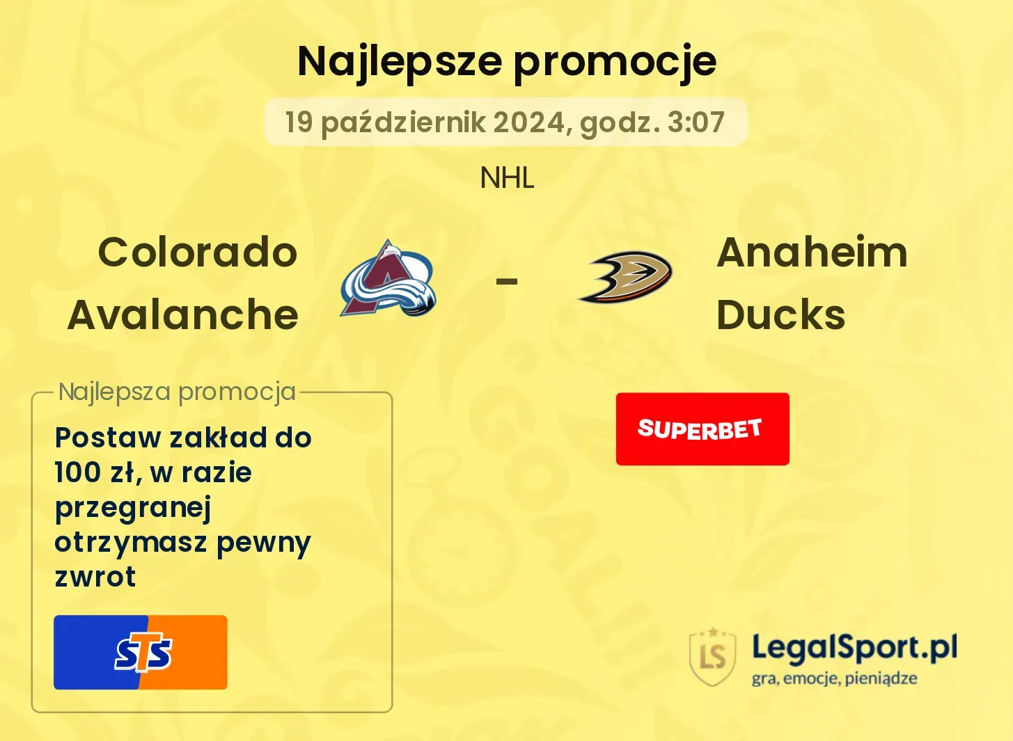 Colorado Avalanche - Anaheim Ducks promocje bonusy na mecz