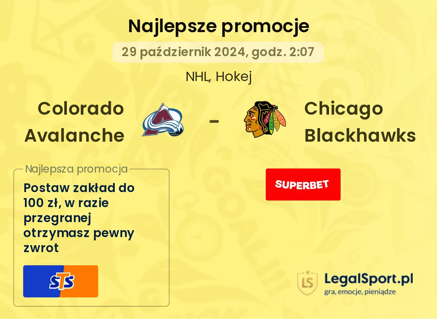 Colorado Avalanche - Chicago Blackhawks promocje bonusy na mecz