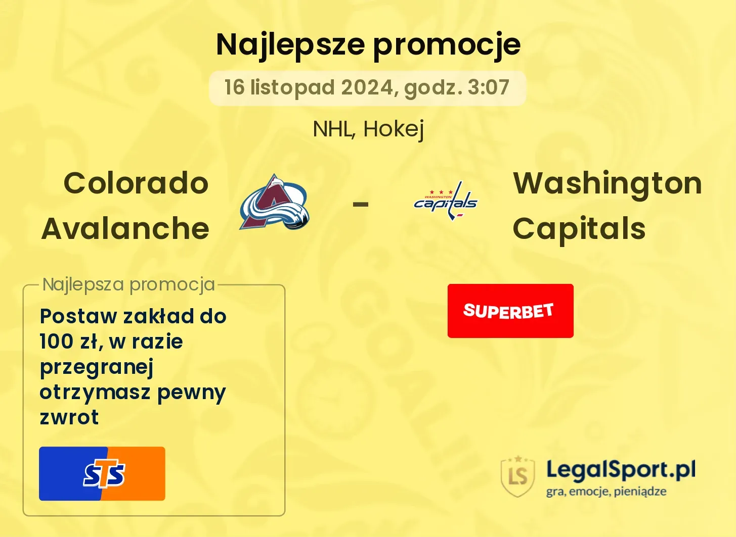 Colorado Avalanche - Washington Capitals promocje bonusy na mecz