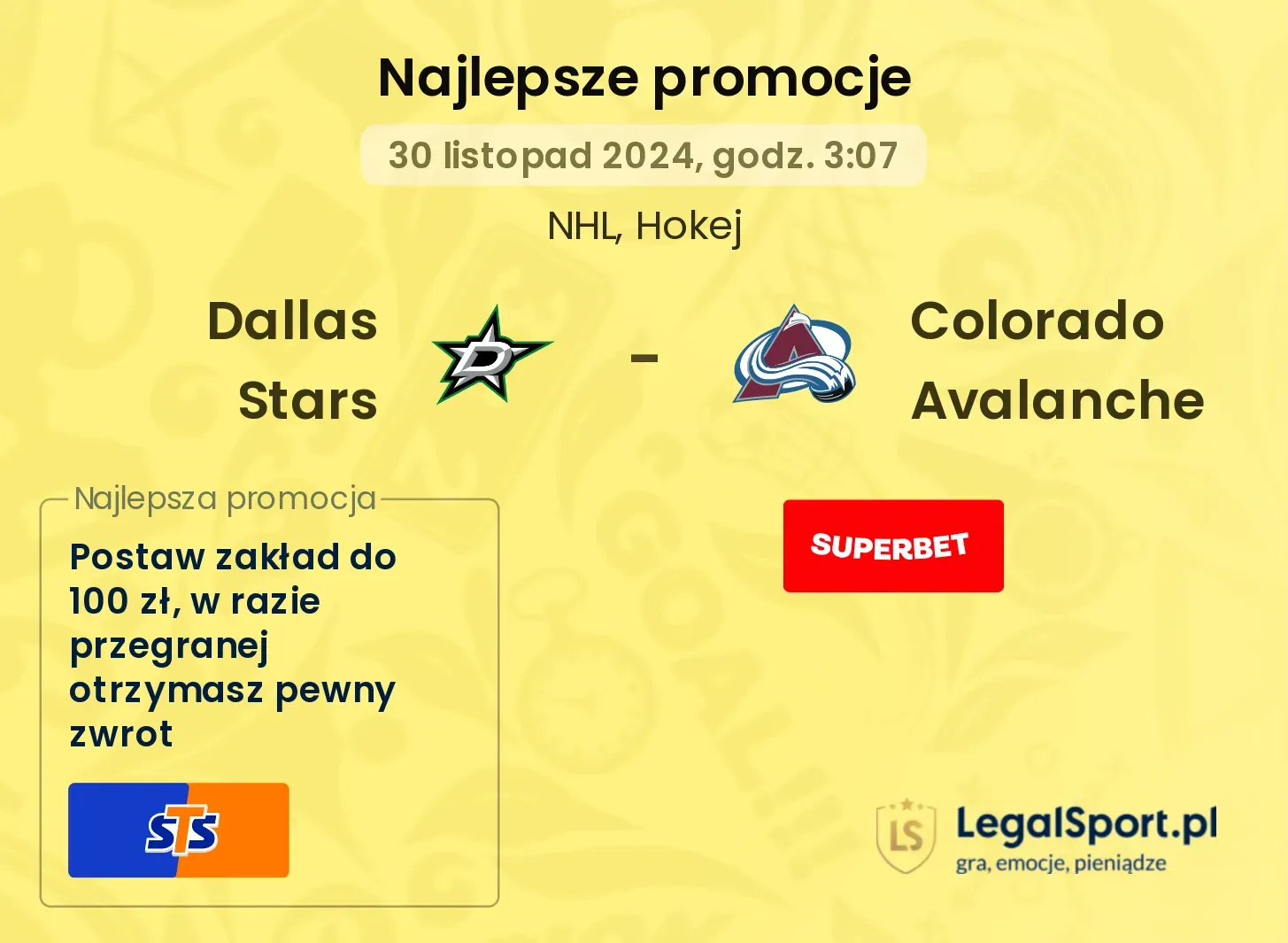 Dallas Stars - Colorado Avalanche promocje bonusy na mecz