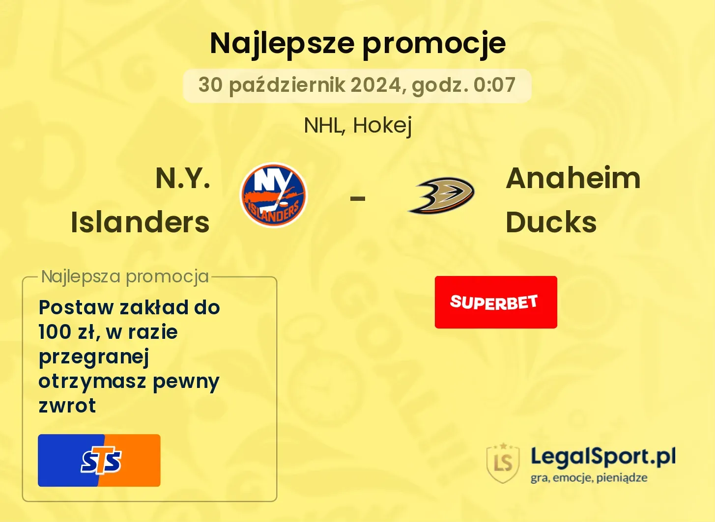 N.Y. Islanders - Anaheim Ducks promocje bonusy na mecz