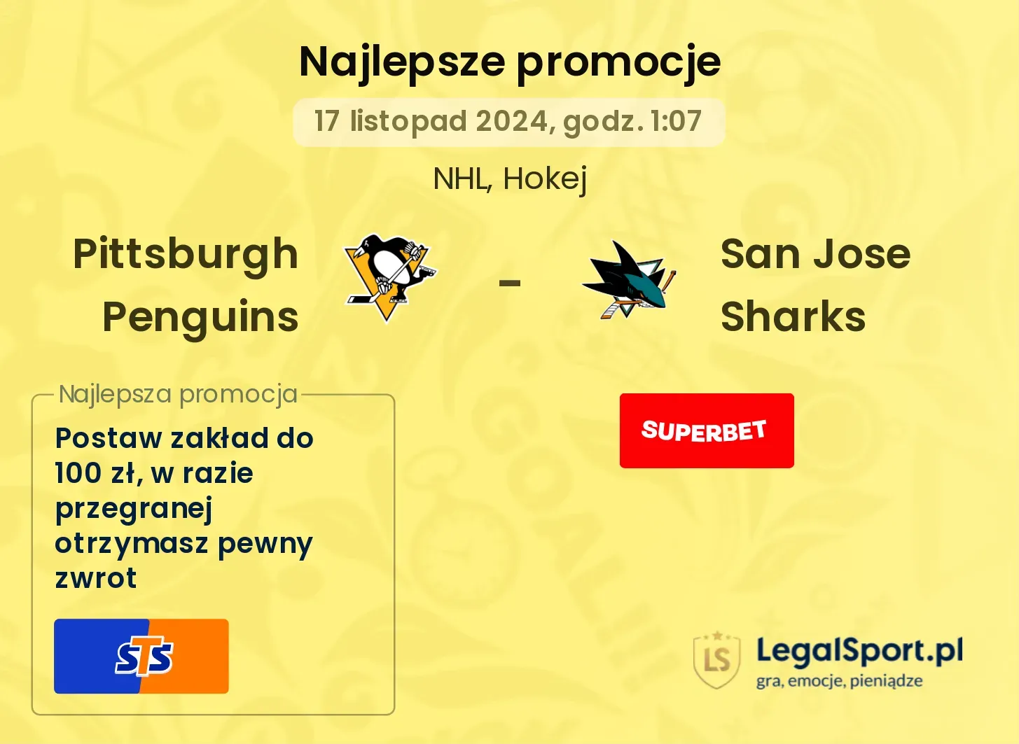 Pittsburgh Penguins - San Jose Sharks promocje bonusy na mecz