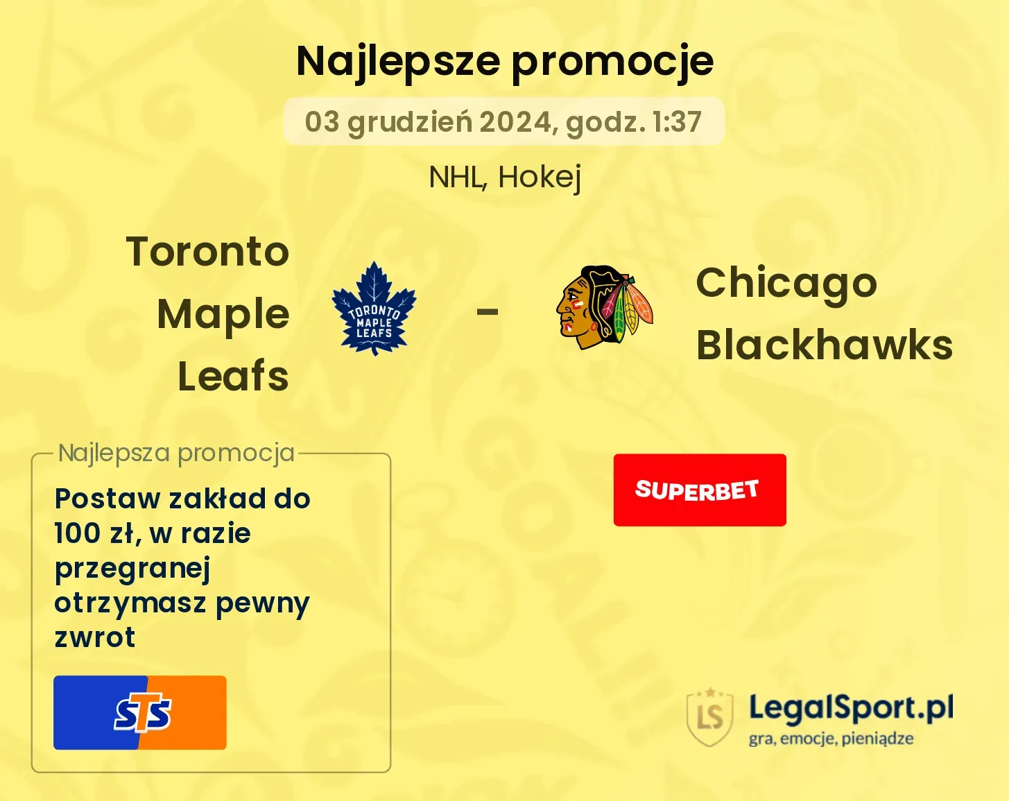 Toronto Maple Leafs - Chicago Blackhawks promocje bonusy na mecz