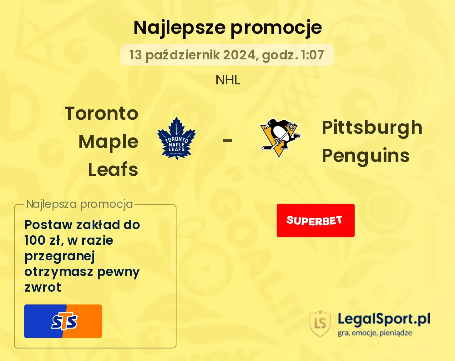 Toronto Maple Leafs - Pittsburgh Penguins promocje bonusy na mecz