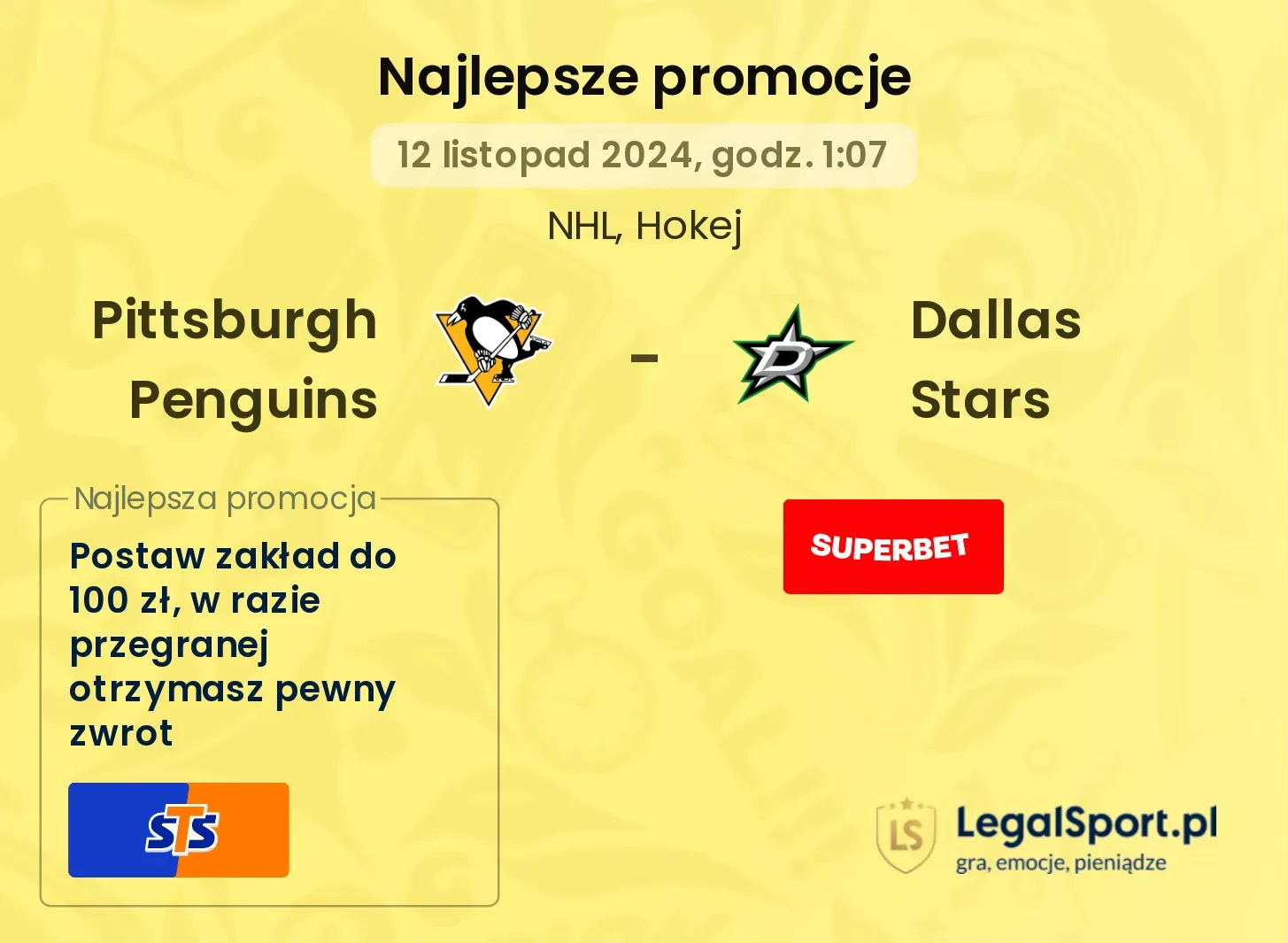 Pittsburgh Penguins - Dallas Stars promocje bonusy na mecz