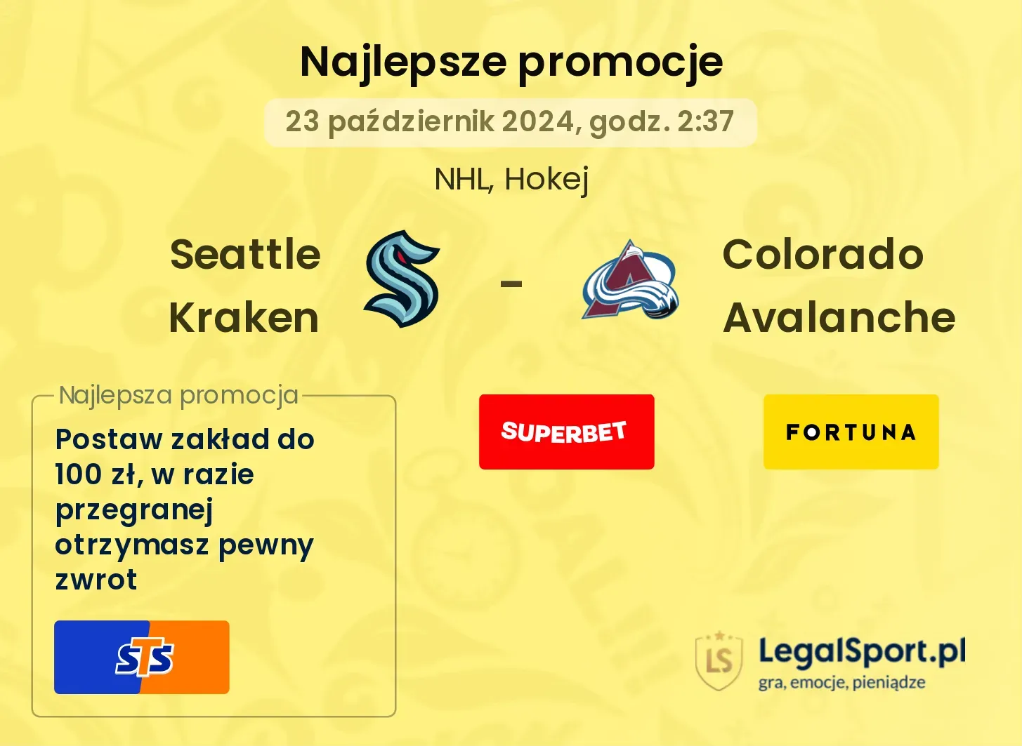 Seattle Kraken - Colorado Avalanche promocje bonusy na mecz