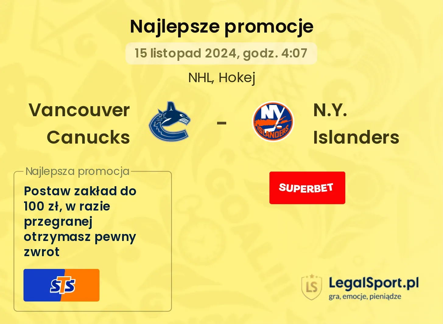 Vancouver Canucks - N.Y. Islanders promocje bonusy na mecz