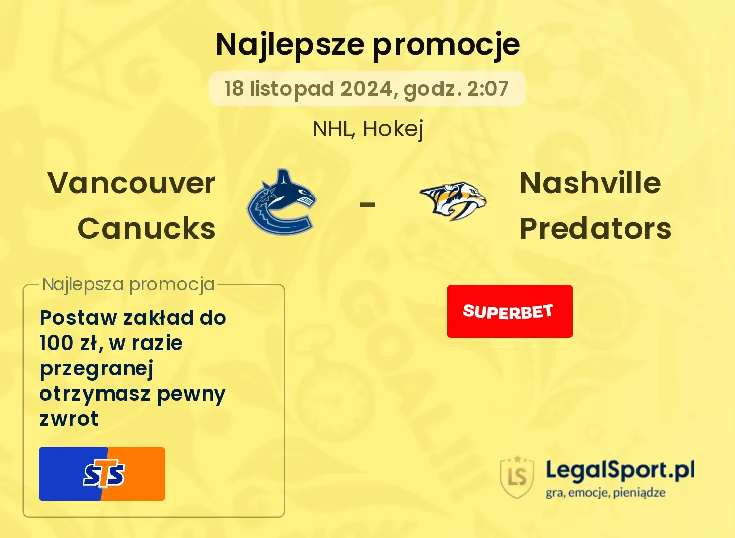 Vancouver Canucks - Nashville Predators promocje bonusy na mecz