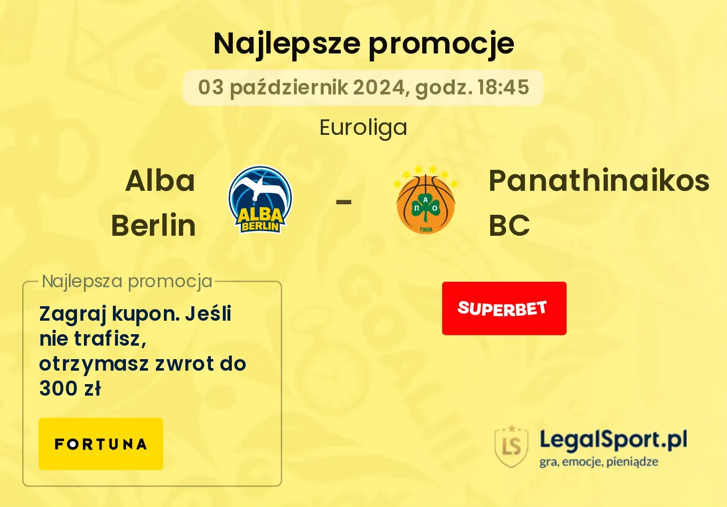 Alba Berlin - Panathinaikos BC promocje bukmacherskie 03.10, 18:45