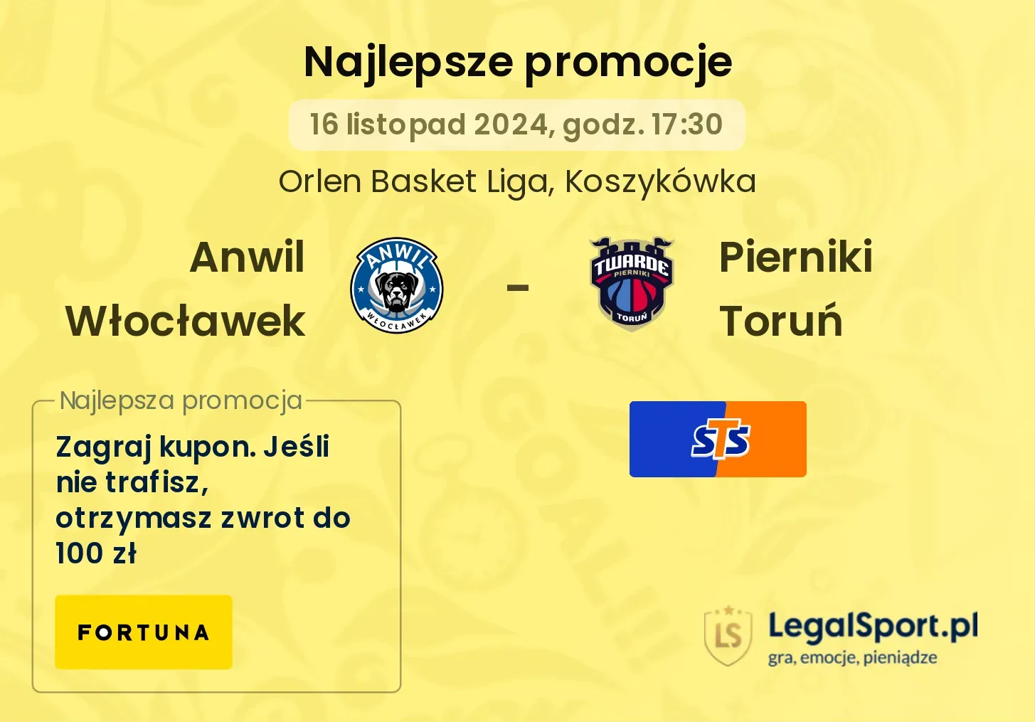 Anwil Włocławek - Pierniki Toruń promocje bukmacherskie 16.11, 17:30