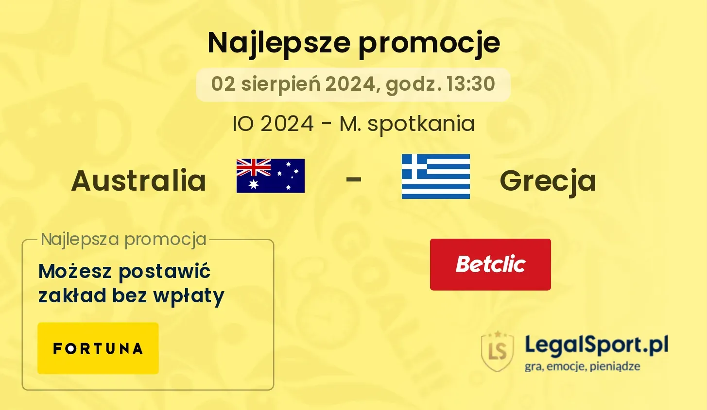 Australia - Grecja promocje bukmacherskie (02.08, 13:30)