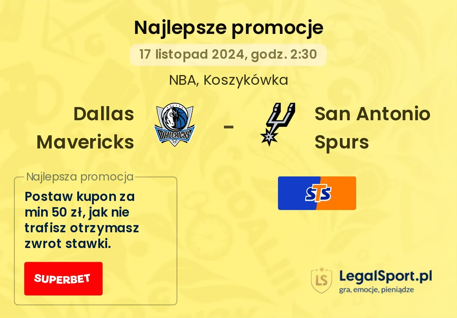 Dallas Mavericks - San Antonio Spurs promocje bonusy na mecz