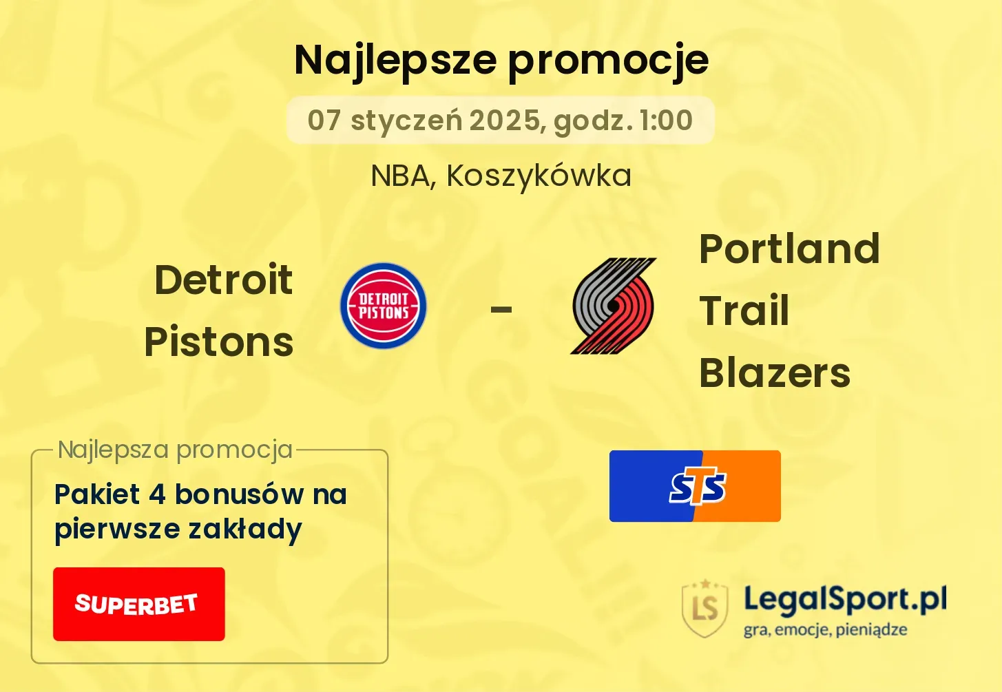 Detroit Pistons - Portland Trail Blazers promocje bonusy na mecz