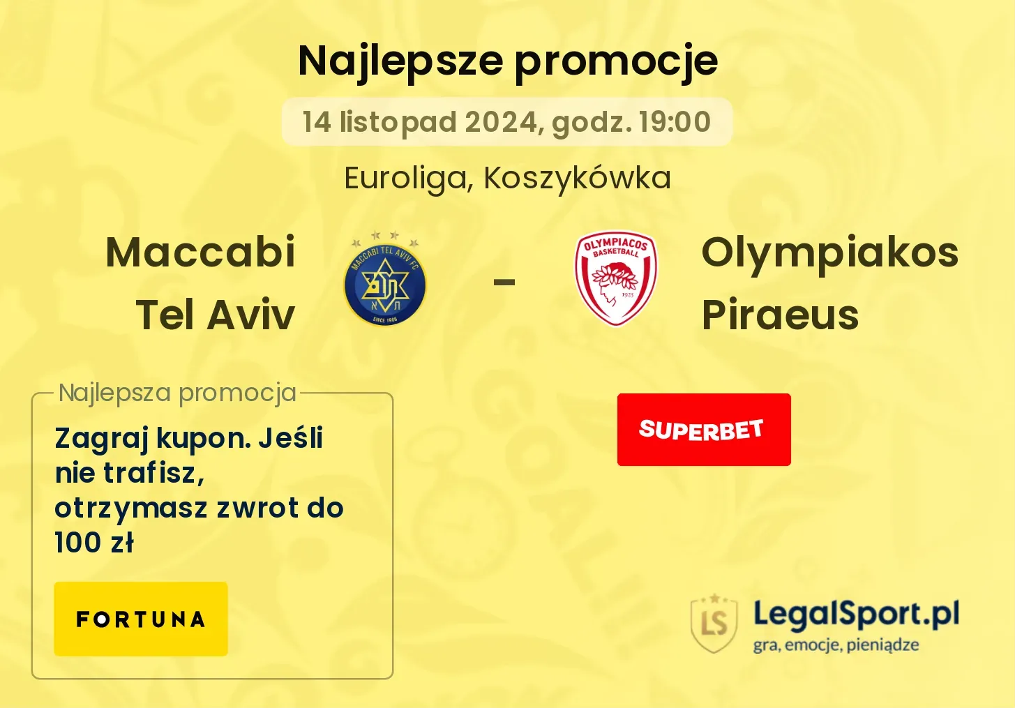 Maccabi Tel Aviv - Olympiakos Piraeus promocje bonusy na mecz