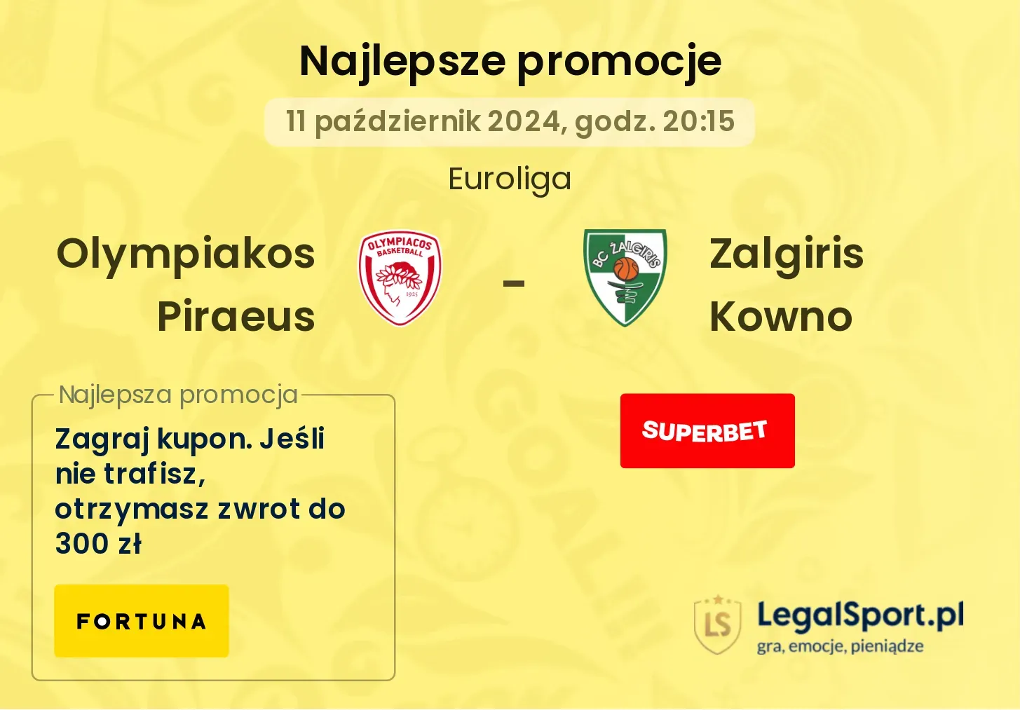 Olympiakos Piraeus - Zalgiris Kowno promocje bonusy na mecz