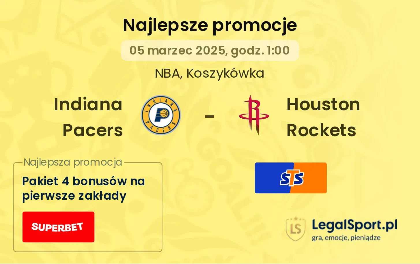 Indiana Pacers - Houston Rockets promocje bonusy na mecz