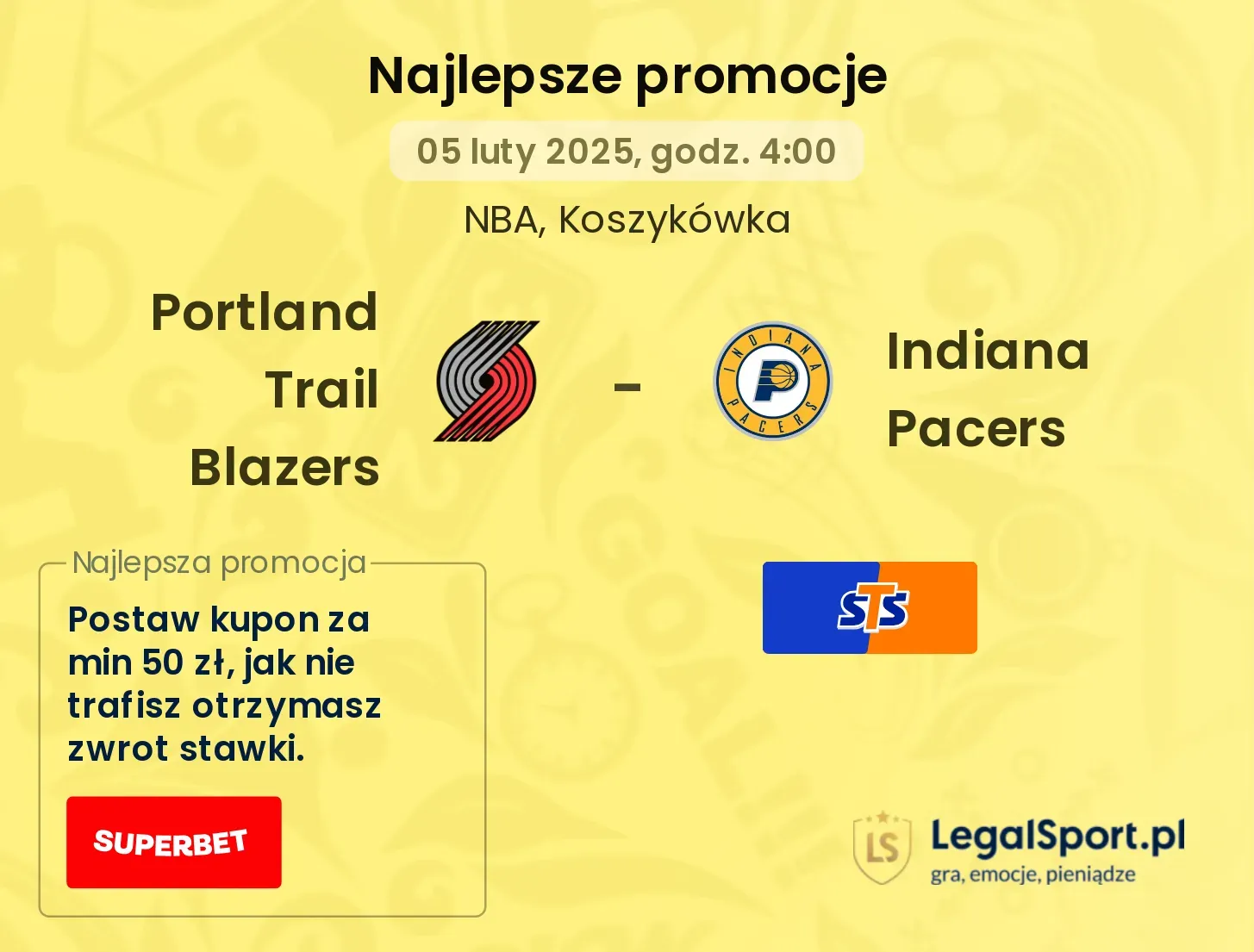 Indiana Pacers - Portland Trail Blazers promocje bonusy na mecz