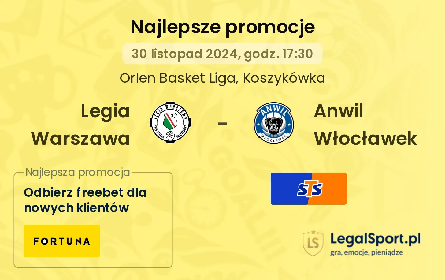 Legia Warszawa - Anwil Włocławek promocje bonusy na mecz