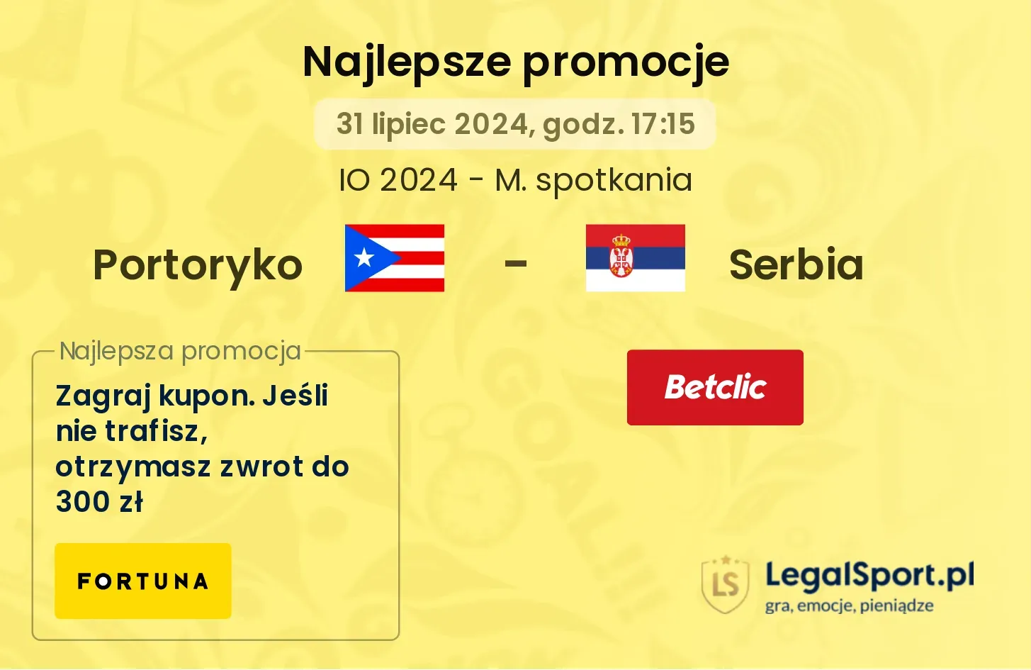 Portoryko - Serbia promocje bonusy na mecz