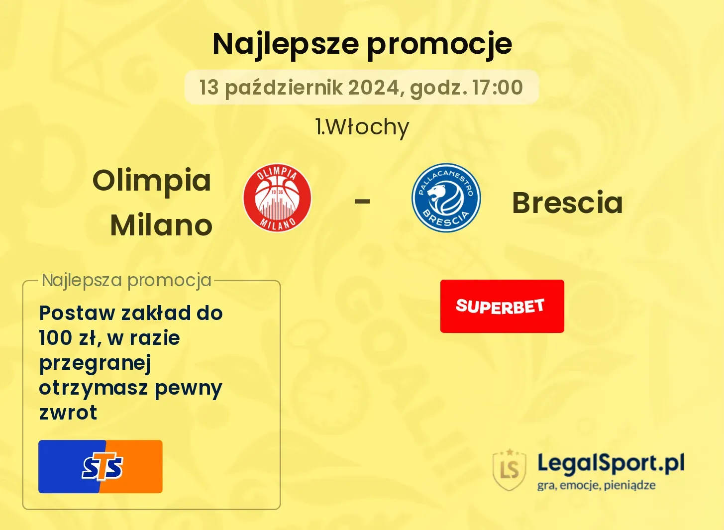 Olimpia Milano - Brescia promocje u bukmacherów 13.10, 17:00