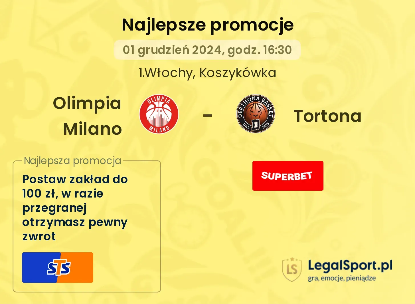 Olimpia Milano - Tortona promocje bonusy na mecz