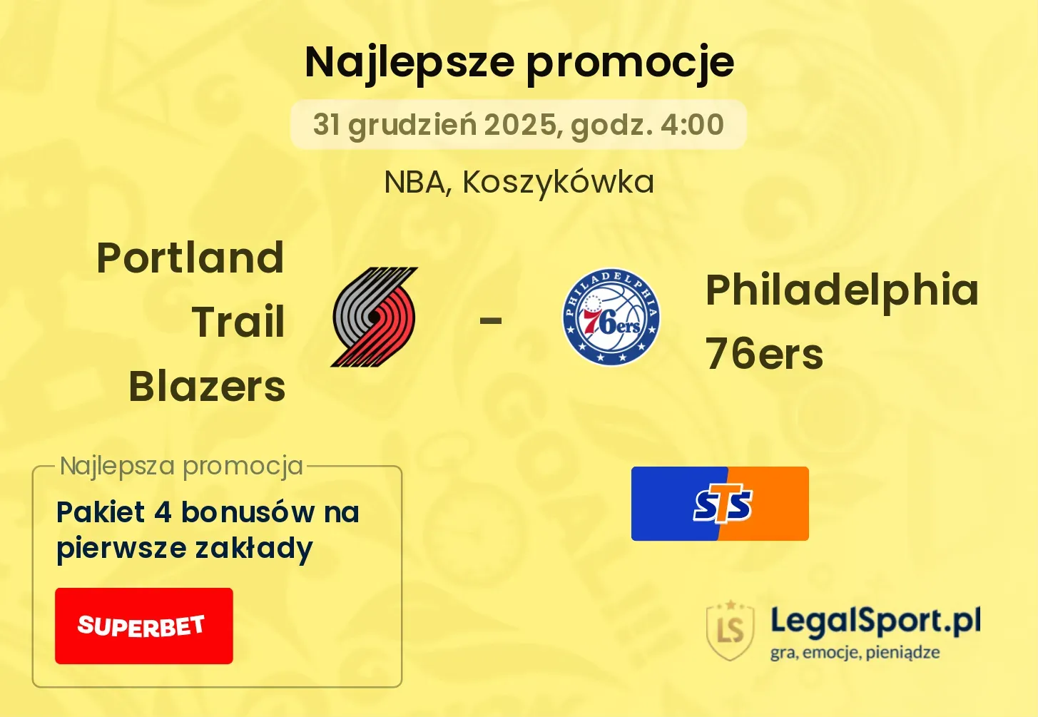 Portland Trail Blazers - Philadelphia 76ers promocje bonusy na mecz