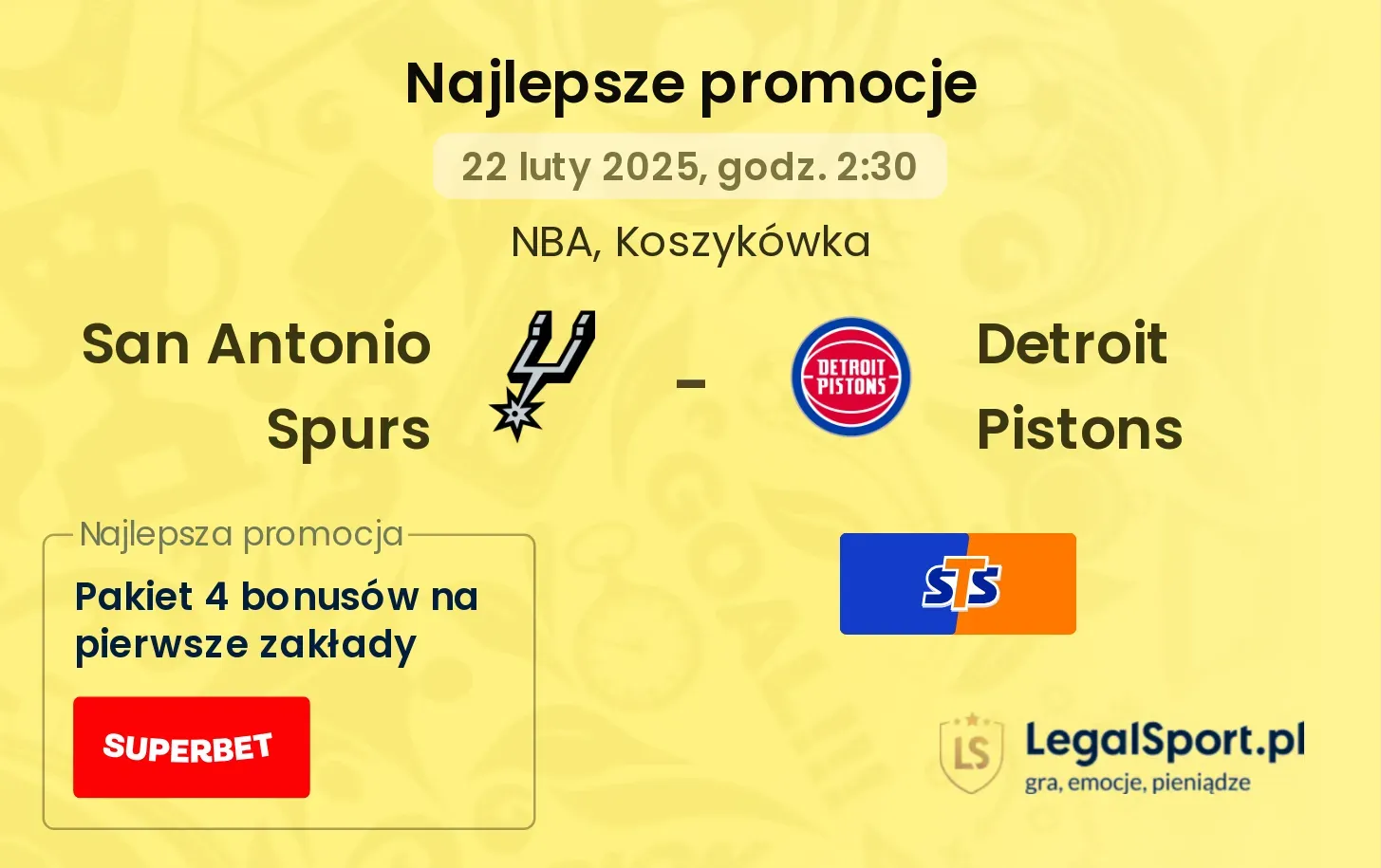 San Antonio Spurs - Detroit Pistons promocje bonusy na mecz