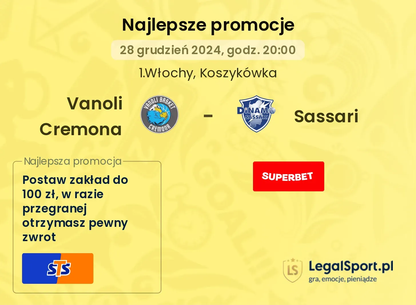 Vanoli Cremona - Sassari promocje bonusy na mecz