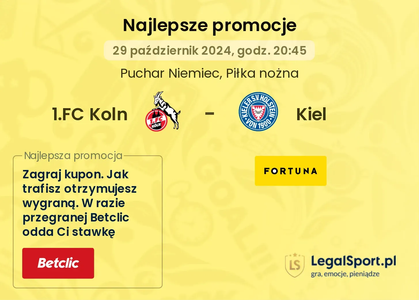 1.FC Koln - Kiel promocje bukmacherskie 29.10, 20:45