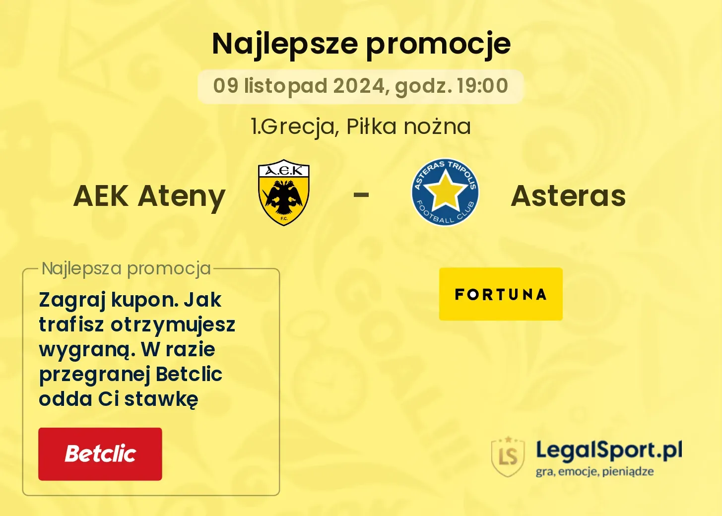 AEK Ateny - Asteras promocje bonusy na mecz